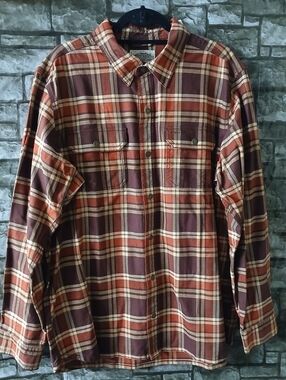 L.L. Bean Men's Katahdin Work Brown and Cream Plaid Button-Down Shirt